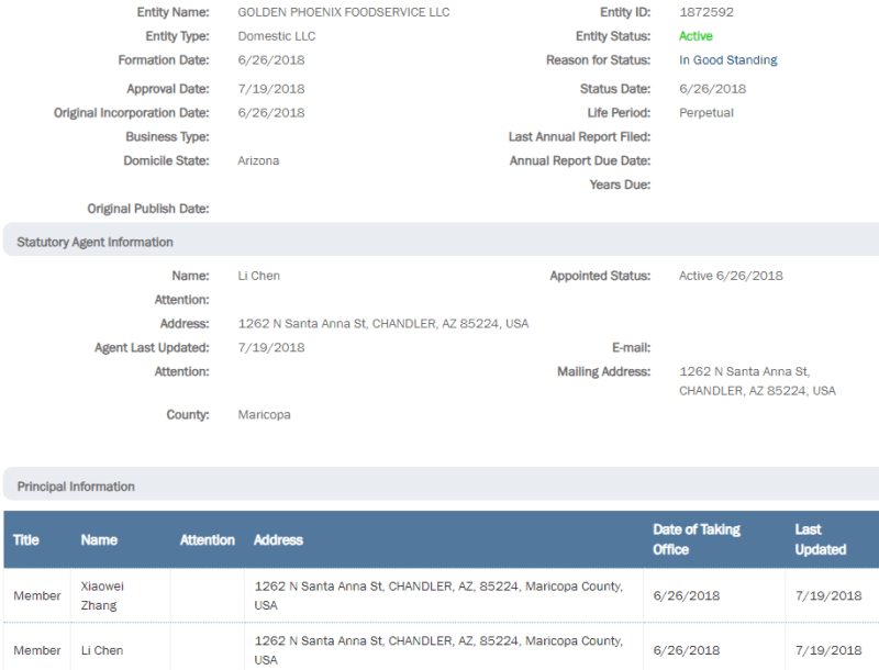 business details from the Arizona LLC and corporation search tool