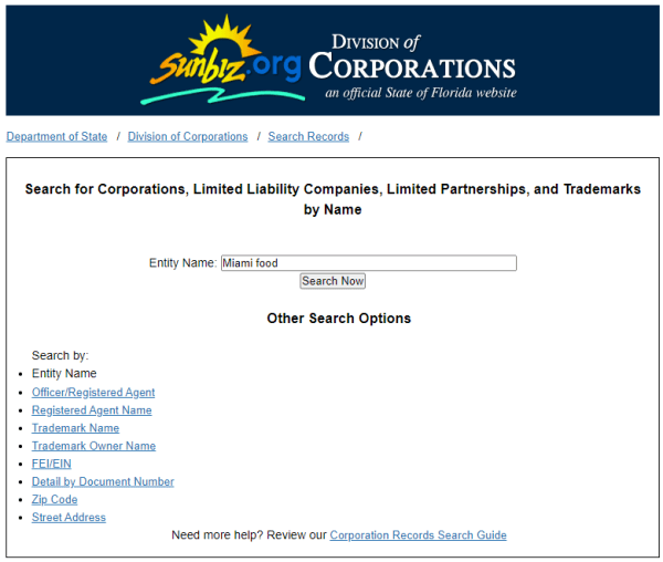 search by entity name in the Florida business search