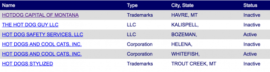 Montana SOS business entity name search results example.