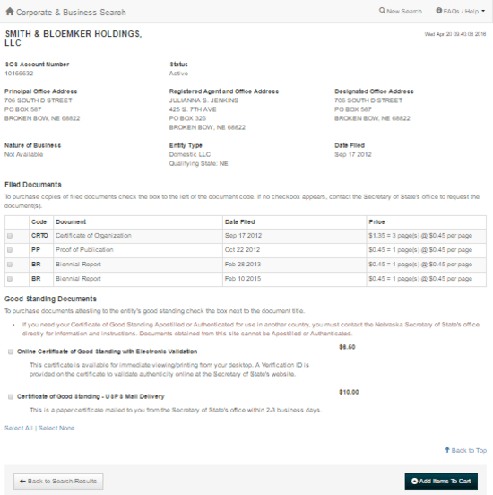 Nebraska Secretary of State business entity name search details.