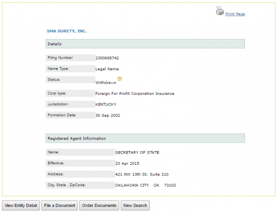 Oklahoma Secretary of State business entity name search details.