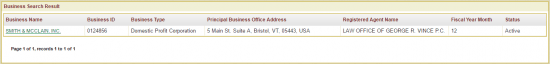 Vermont SOS business entity ID search results example.
