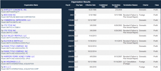 West Virginia SOS business entity search by registered agent or officer results page.